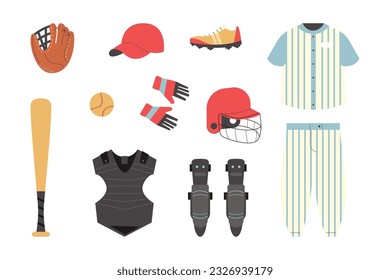 Baseball equipment set, flat vector illustration isolated on white background. Player uniform, protective helmet, bat and ball, mitt, chest protector and knee savers.