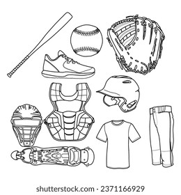 Baseball Equipment set Hand Drawn Doodle Line Art Outline Set Containing Bat, shoes, gloves, catcher, protection helmet, ball, shirt and pants