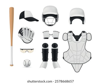 Baseball equipment set including wooden bat, glove, helmet and protective gear. Perfect for baseball training, practice or games.