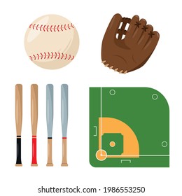 Baseball equipment set.  Sport Ball, Bat, Catcher gear and Court for playing baseball. Elements and accessories for sport match. Flat vector icons isolated on white background. 