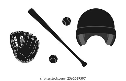 baseball equipment set such as baseball bat gloves helmet ball. vector illustration isolated on white background.