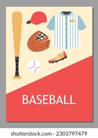 Baseball equipment shop advertising poster, flat vector illustration. Sports game accessories - striped jersey shirt, mitt, ball, wooden bat, shoe and cap.
