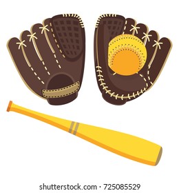 Baseball equipment. Softball glove and ball. Flat vector cartoon illustration. Objects isolated on a white background.