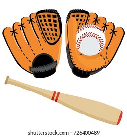 Baseball equipment. Softball glove and ball. Flat vector cartoon illustration. Objects isolated on a white background.