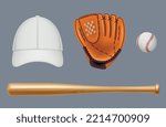Baseball equipment. Sport uniform and tools for baseball players t shirt ball gloves cap and bat decent vector mockup templates