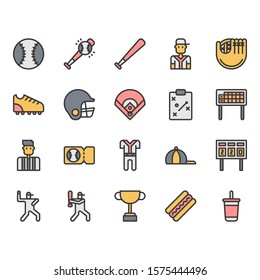 Baseball equipments and activities icon and symbol set