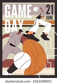 Baseball event poster design. Sportsmen play sports game. Promotion template of competition, tournament. Professional pitcher pitches ball and hitter hits, bounce it with bat. Flat vector illustration