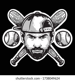 Baseball-Gesichtsspieler mit Hut- und Stabvektordesign