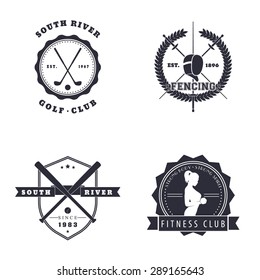 Baseball, Fencing, Golf, Fitness Club Vintage Emblems on white, vector illustration, eps10, easy to edit