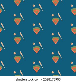 Baseball Field With Bat And Ball On Dark Blue Background. Designed In Seamless Repeat Pattern. Ideal To Be Printed On Fabric, Wall Paper Of Bedding Products. 