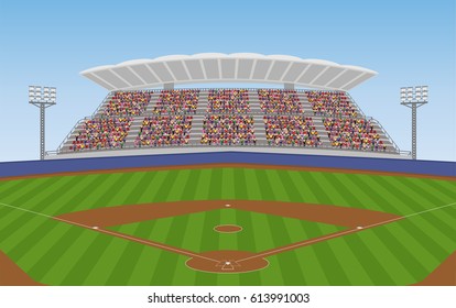 Baseball Field with Crowd on Grandstand. Vector