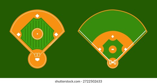 Conjunto de diagrama de campo de béisbol, Ilustración vectorial de vista superior de diseños de infield y outfield aislados sobre fondo verde