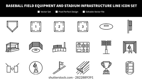 Baseball Field Equipment and Stadium Infrastructure Line Icon Collection for Sports Graphic Design and Commercial Projects