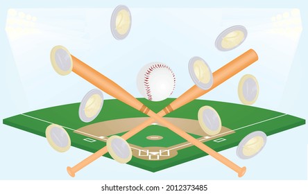 Baseball  field with euro coins dropping. vector