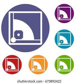 Baseball field icons set in flat circle reb, blue and green color for web