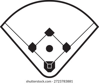 Baseballplatz-Layout in Schwarz-Weiß mit Basen und Home-Platte auf einem einfachen weißen Hintergrund, der die grundlegenden Elemente des Sports und Spielplatz symbolisiert.
