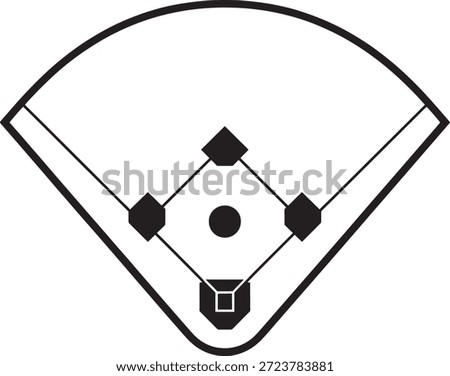 Baseball field layout illustrated in black and white showing bases and home plate on a simple white background symbolizing the sport's basic elements and playing area.