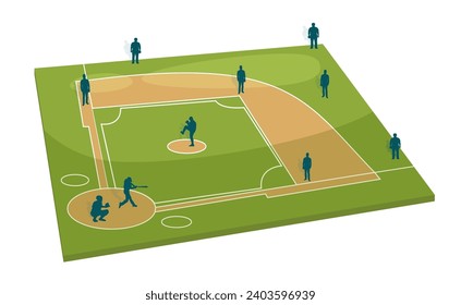 Perspectiva del campo de béisbol, ilustración del sihoulete de béisbol, campo verde de cancha de softbol, fondo deportivo Ilustración del vector