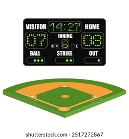 Baseball Field and Scoreboard on grey background. Vector Illustration