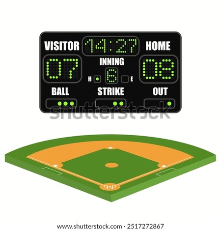 Baseball Field and Scoreboard on grey background. Vector Illustration