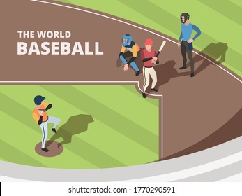 Baseball field. Sport team players playing on baseball stadium characters in action poses vector people