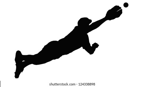 Baseball Fielder Diving Through Air To Catch Ball