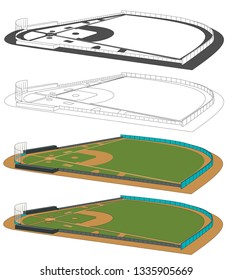 Baseball fields vector illustration. Infographics for web pages, sports broadcasts, strategies backgrounds. Four fields with side view. Color, black and white.