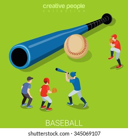 Baseball flat 3d isometry isometric sports concept web vector illustration. Big bat ball and micro players game match. Creative people collection.