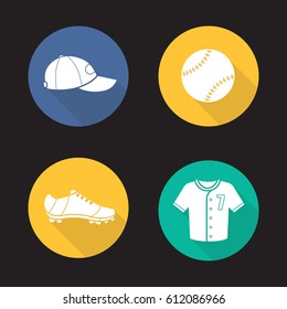 Baseball flat design long shadow icons set. Softball equipment. Ball, cap, shoe and t-shirt. Vector silhouette illustration