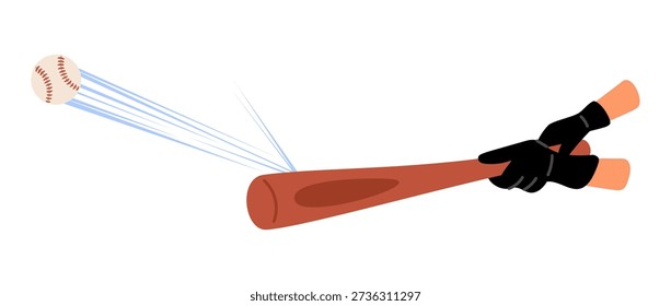 Baseball flies away from impact of bat. Sport championship. Hands hitting ball. Sportsman gesture. Beat at softball. American team play. Player exercise arm motion. Batter swing. Vector game situation