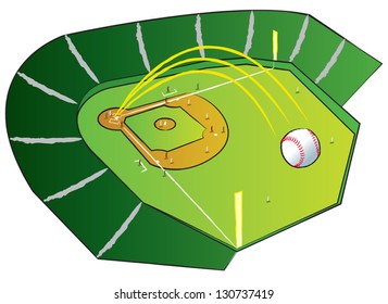 A baseball flying high out of the park with bases loaded.