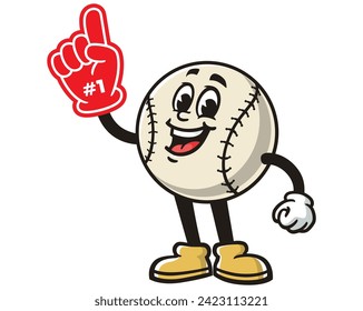 Baseball with foam finger cartoon mascot illustration character vector clip art hand drawn