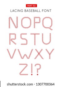 Baseball font made from baseball ball lacing along the contours of the letters. Vector illustration on white background. Part 02