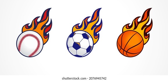 Baseball, football and basketball icons in fire. Vector design for sport team emblem or championship badge. Tournament label signs with baseball, soccer ball and basket ball with flame