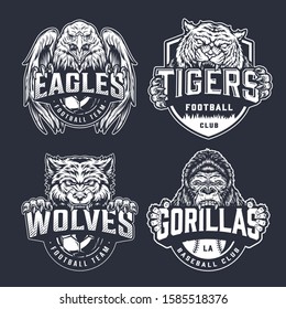 Baseball and football teams sport logos with cruel aggressive animals mascots and inscriptions in vintage monochrome style isolated vector illustration
