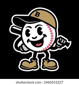 Baseball in the form of a cartoon character with a bat on a dark background.