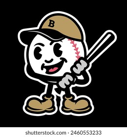 Baseball in the form of a cartoon character with a bat on a dark background.