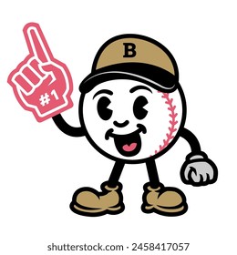 Baseball in the form of a cartoon character with foam finger.