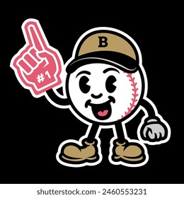 Baseball in the form of a cartoon character with foam finger on a dark background.