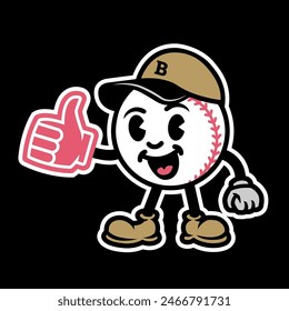 Baseball in the form of a cartoon character with a foam hand thumbs up on a dark background.