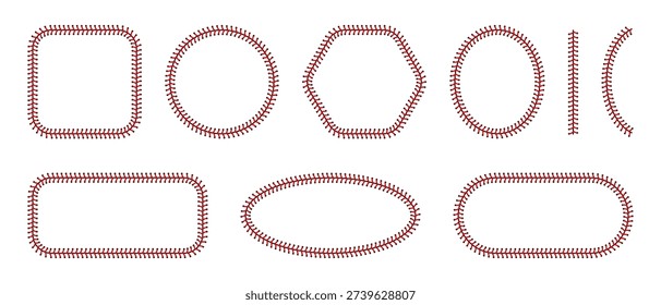Baseball frame with red stitching and leather texture. Classic softball border design. Vector graphic element for sports branding and American game layouts.