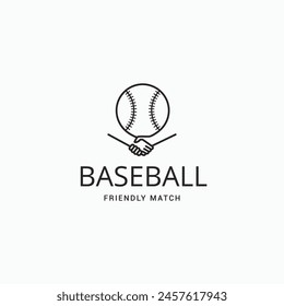 Baseball friendly match logo, icon, poster, banner, t shirt print design. Baseball ball with handshake symbol vector illustration