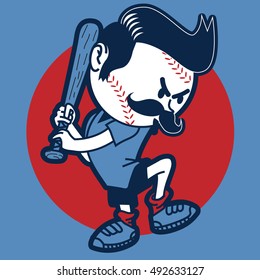 baseball funny mascot vector illustrator with mustache and blue shirt, isolated, with a baseball ball for the face