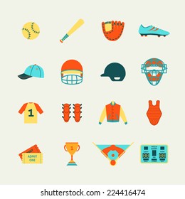 Baseball game accessories flat pictograms collection with protective helmet mask bat pitch glove abstract isolated vector illustration