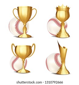 Baseball Game Award Set Vector. Baseball Ball, Golden Cup. Modern  Tournament. Design For Sport Promotion. Certificate, Diploma. Sport Event Announcement. Banner Advertising Illustration