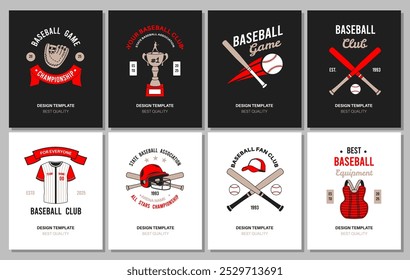 Baseball game cards. Fan club posters with emblems, sports uniforms and accessories, award cup, professional equipment glove, helmet, bats and balls, typography design, banners tidy vector set