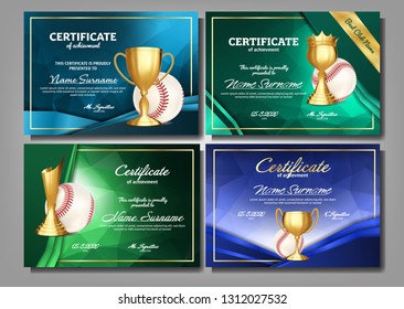 Baseball Game Certificate Diploma With Golden Cup Set Vector. Sport Award Template. Achievement Design. Honor Background. Elegant Document. Champion. Best Prize. Winner Trophy. Template Illustration