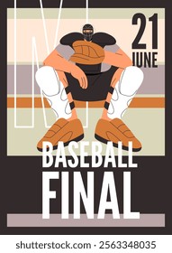 Baseball game, competition event poster design. Championship, tournament, sports match, play promotion template. Catcher in safety gear, helmet catches ball with glove. Flat vector illustration