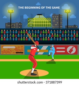 Baseball game concept with athletes on field and fans vector illustration