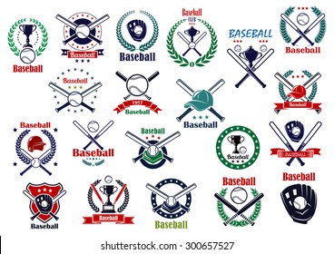 Baseball game emblems and icons with balls, crossed bats, trophy cups, gloves, helmet and caps decorated by wreaths, stars, shield and ribbon banners 